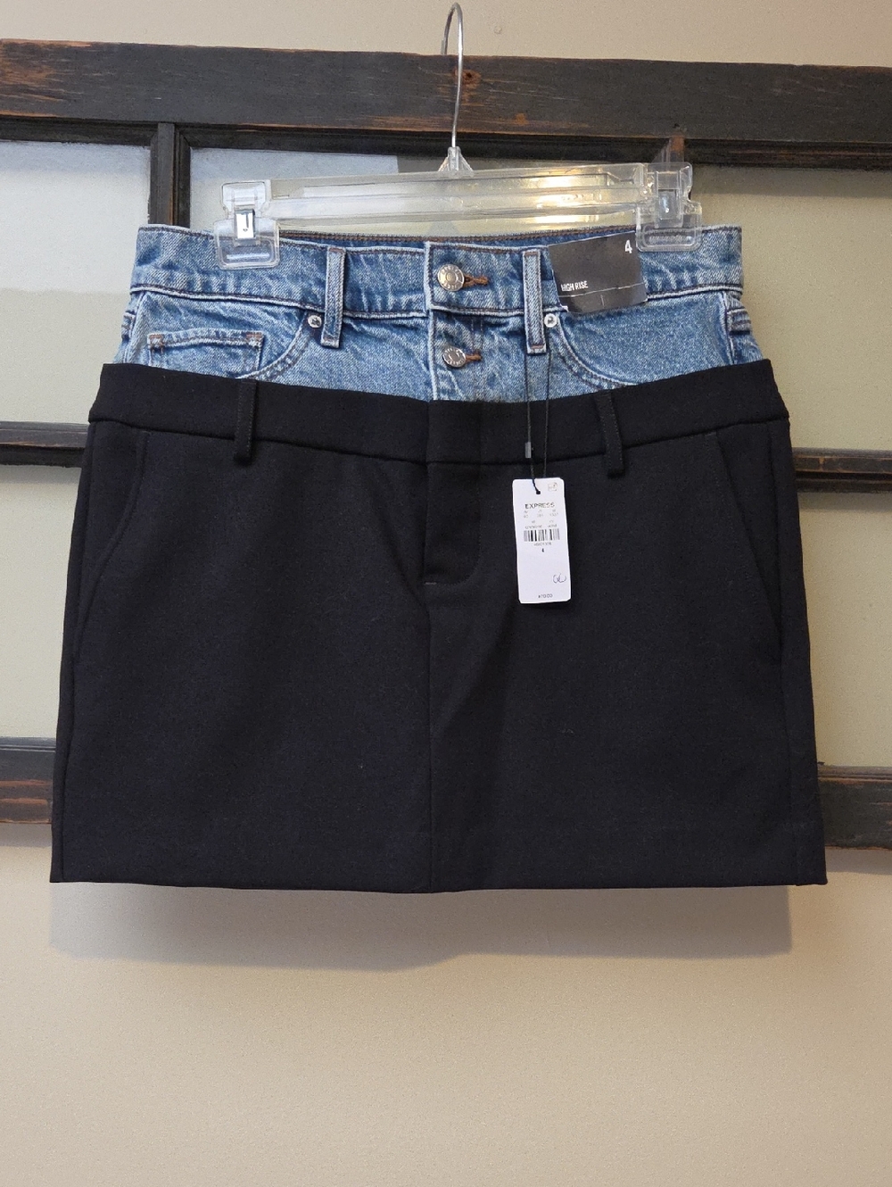 Express Two-Tone Black Mini Skirt with Denim Waist